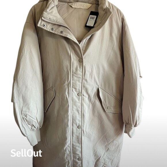 Guess Women's Hooded‎ Puffer Jacket Beige Size M Mid-Length Winter Coat - Picture 4 of 6